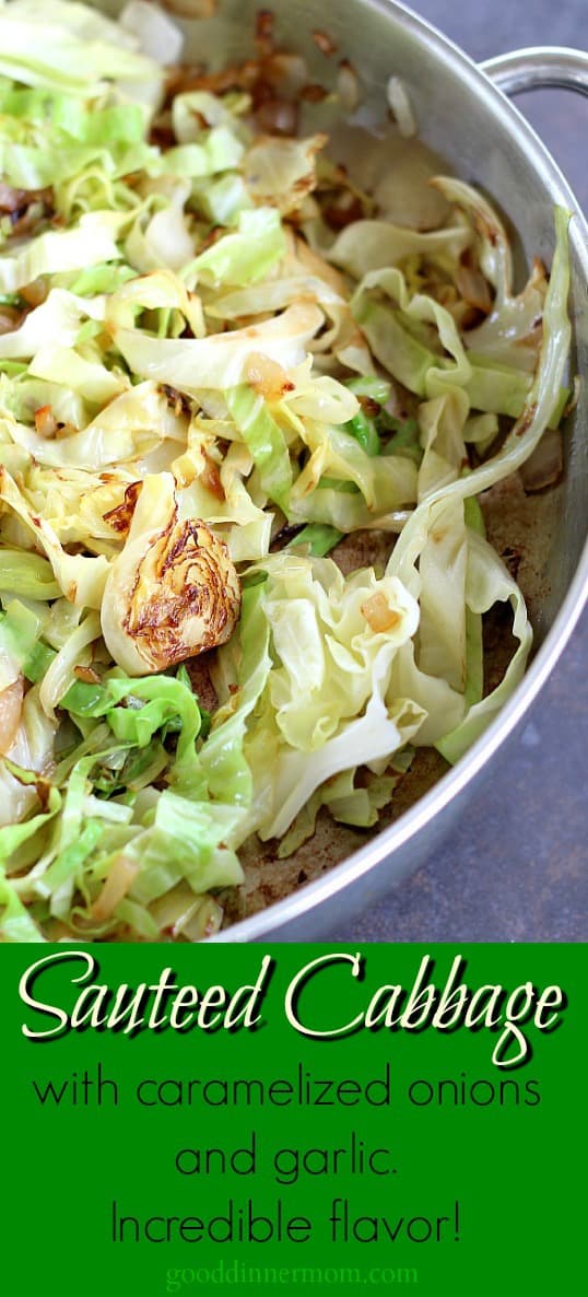 sauteed cabbage pinterest pin, says Sauteed cabbage with caramelied onions and garlic