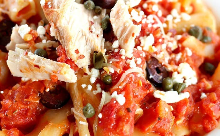 Close up of Tuna with Simple Pasta Sauce with capers an olives