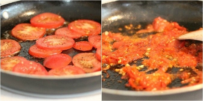 two screens with sliced tomatoes and pureed tomatoes in black pan