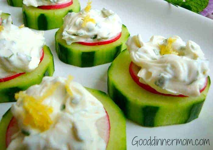 Cucumber slices with herbed mint cream cheese and lime zest