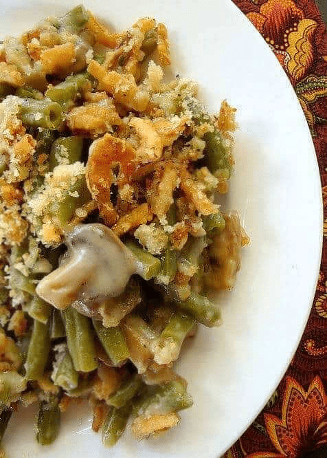 Green bean casserole on white plate