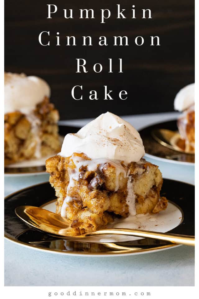 Pumpkin Cinnamon Roll Cakes on black plates with gold spoons