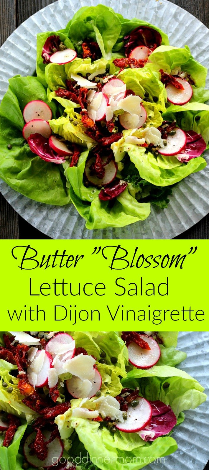 Butter Lettuce, Sun-dried tomates, capers, radishes, and shaved Parmesan pair perfectly with a fresh Dijon Vinaigrette. Ready in 10 minutes!