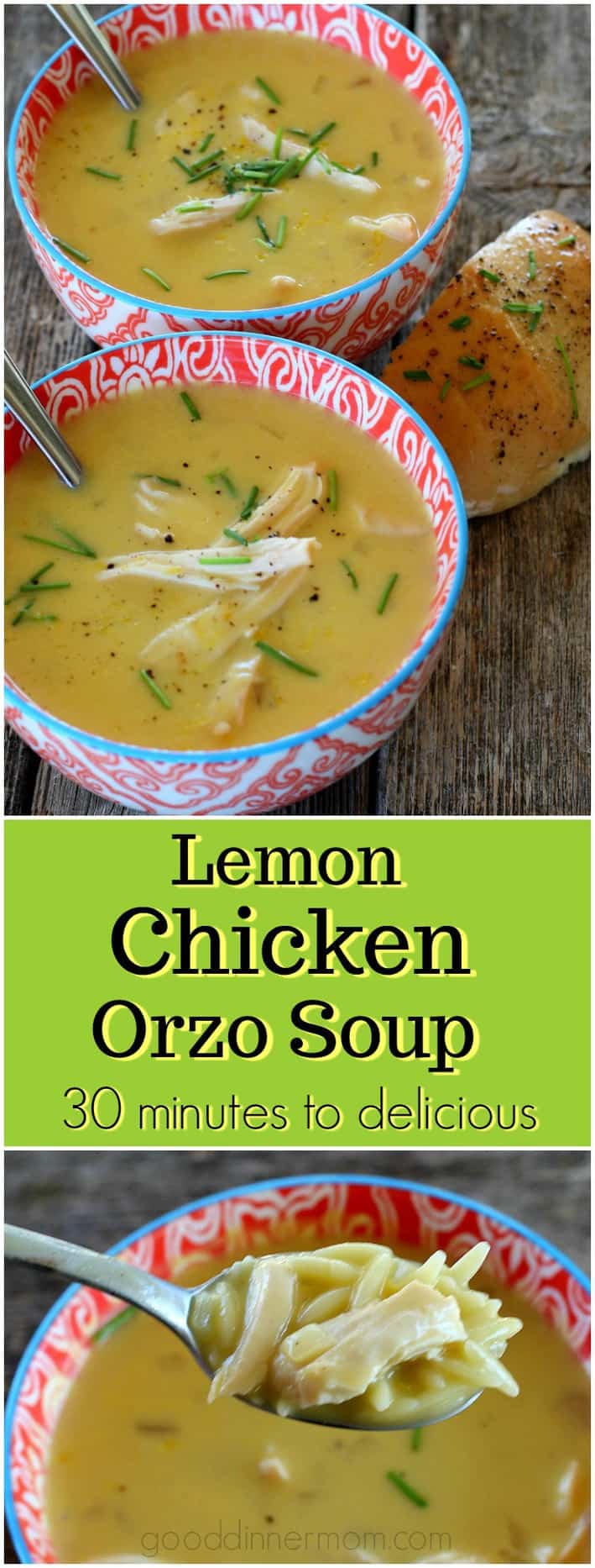 Lemon Chicken Orzo soup Pinterest pin with two pictures of soup in bowls
