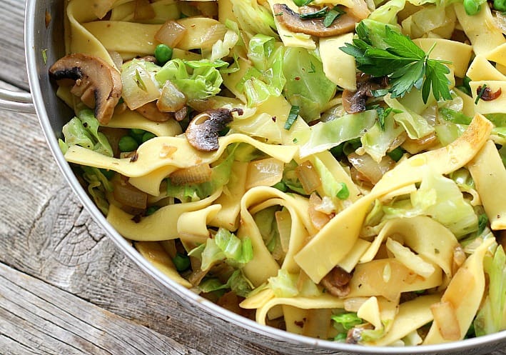 Cabbage and Noodles is a delicious side dish or even meatless main dish. Use your favorite egg noodles or even gluten-free noodles. #haluski #cabbage #pasta #meatlessmain #vegetarianside