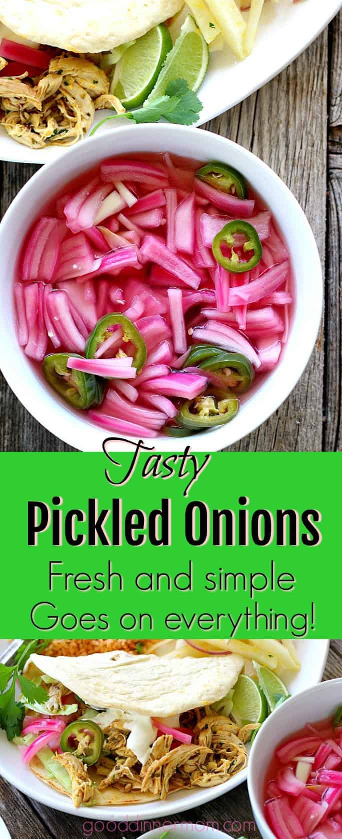 Pickled red onions in white bowl with jalapenos