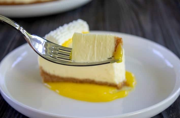 slice of no bake cheesecake on a fork