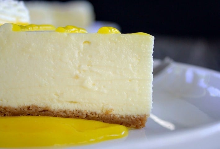 slice of no bake cheesecake on a white plate