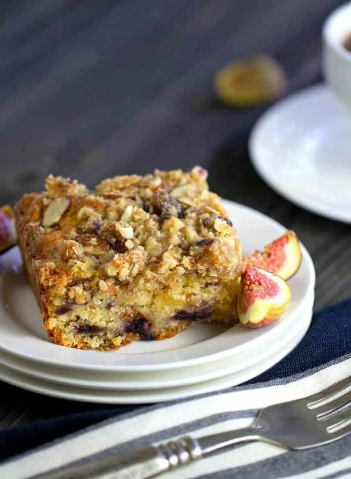 Fig Coffee Cake is moist and melt-in-your-mouth delicious. Fresh figs, oats, and sliced almonds make a coffee cake with streusel topping you will love.