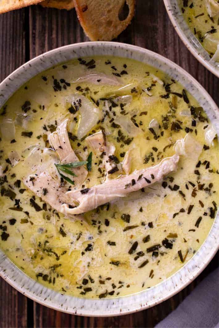 chicken tarragon soup in grey bowl