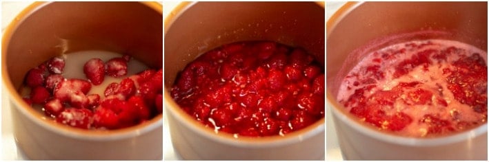 A collage of raspberries reducing in a pan