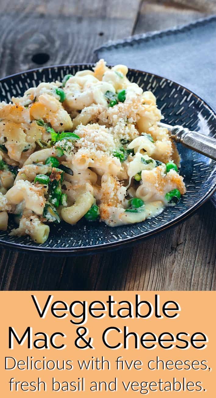 Vegetable Mac and Cheese on a blue plate pin