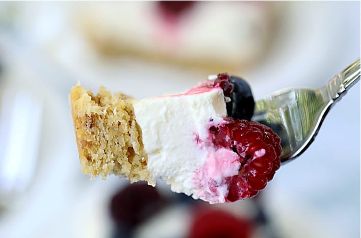 bite of mixed berries and cream bar on a fork