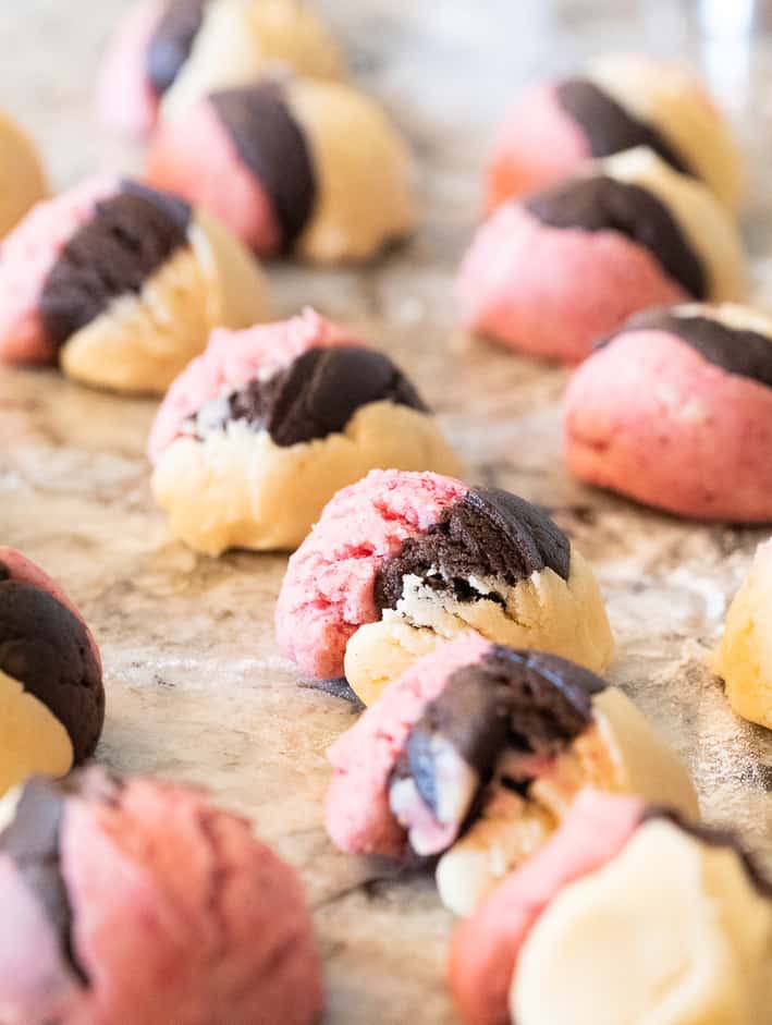 rows of combined cookie dough for neapolitan cookies