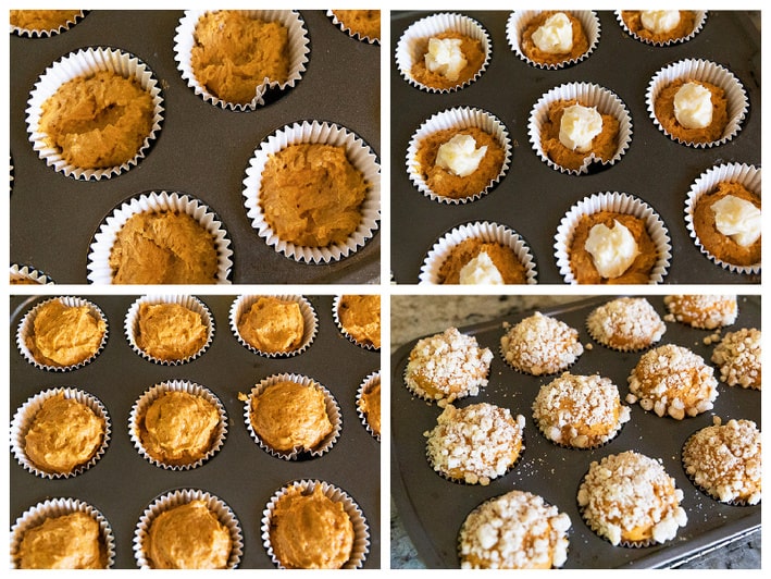 four pictures of how to layer the pumpkin muffins. Clockwise from top left, two tablespoons batter in tin; cream cheese on batter; batter on top of cream cheese layer; streusel on top