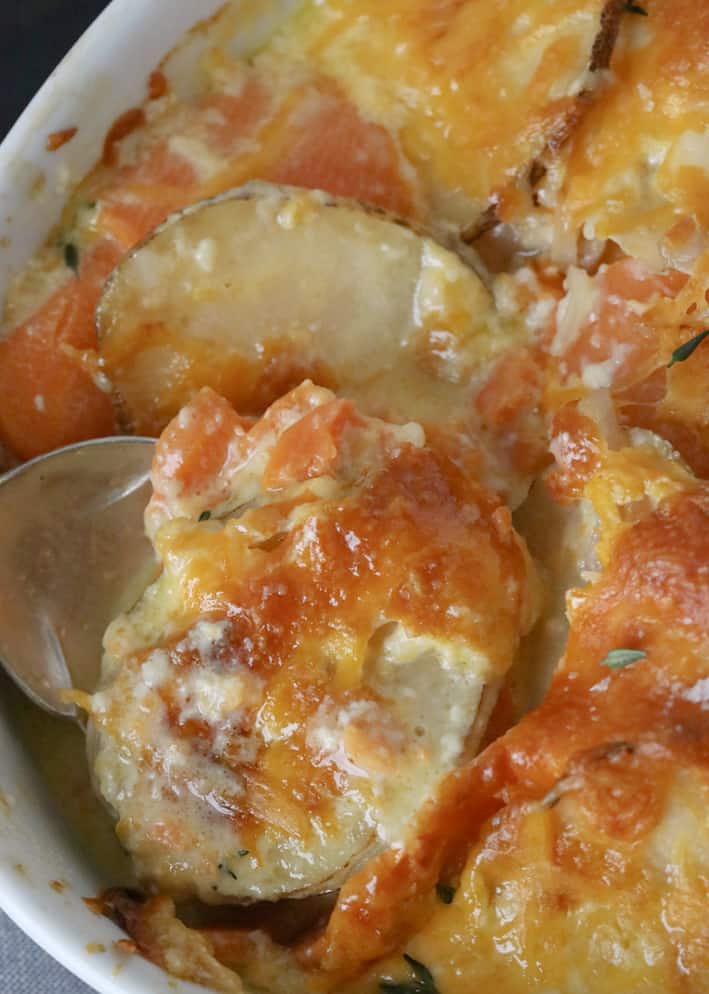 Closeup of two potato gratin with thyme and shallots, being lifted out of dish with spoon. Bits of yams with the potatoes, golden brown cheese on top.