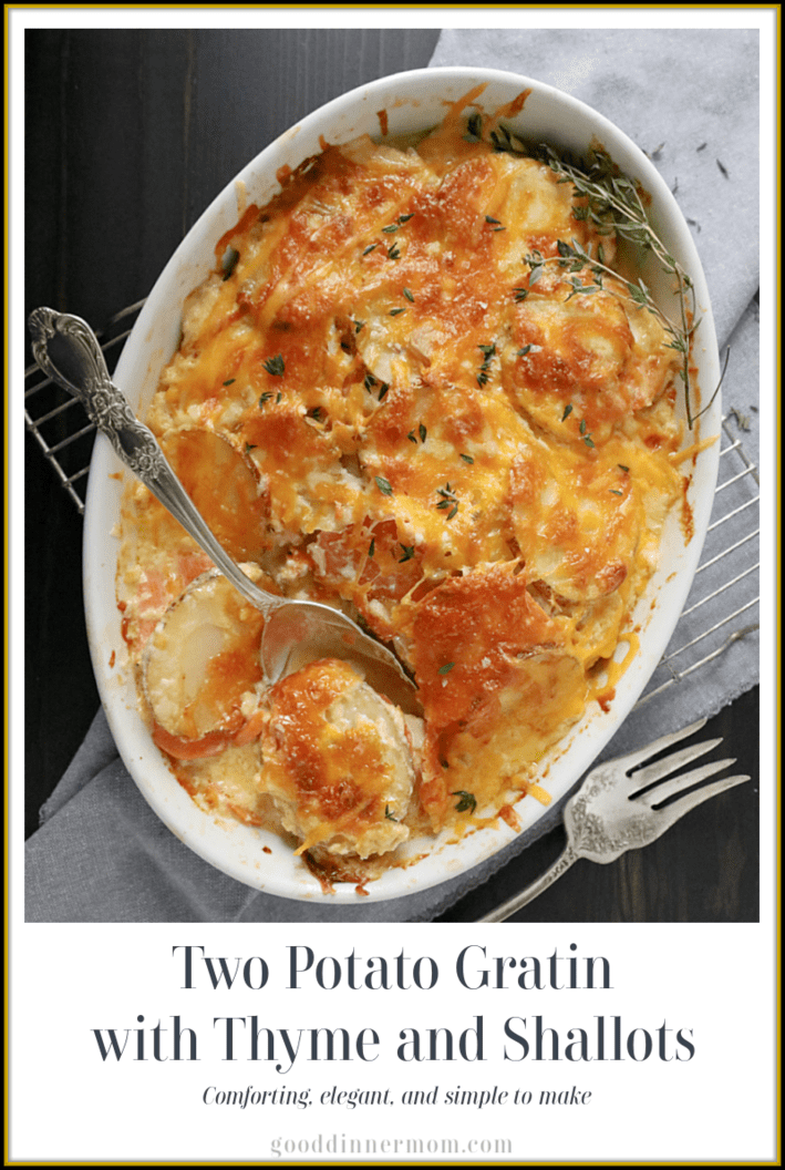 Pinterest pin of two potato gratin with thyme and shallots