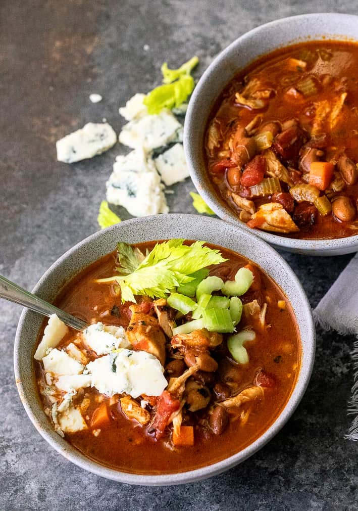  Chili in bowls with blue cheese and celery on top