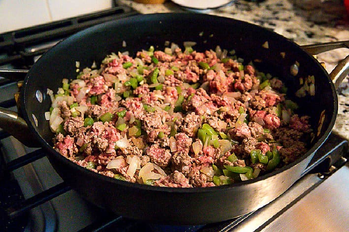 ground beef, onions, green pepper in saute pan