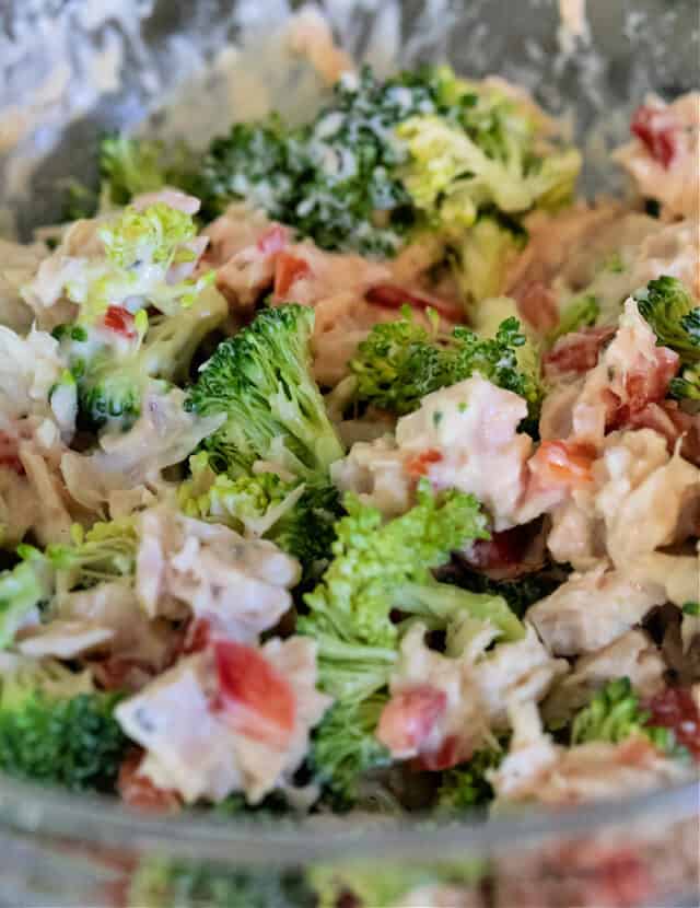 close up of veggies and tuna mixed for stuffed shells. Broccoli, red peppers, tuna and some of the white sauce.