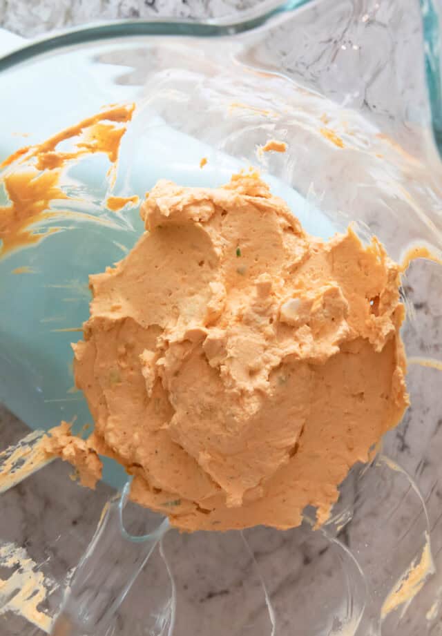 Pumpkin Cheddar Cheese Ball ingredients mixed, ready for refrigeration.