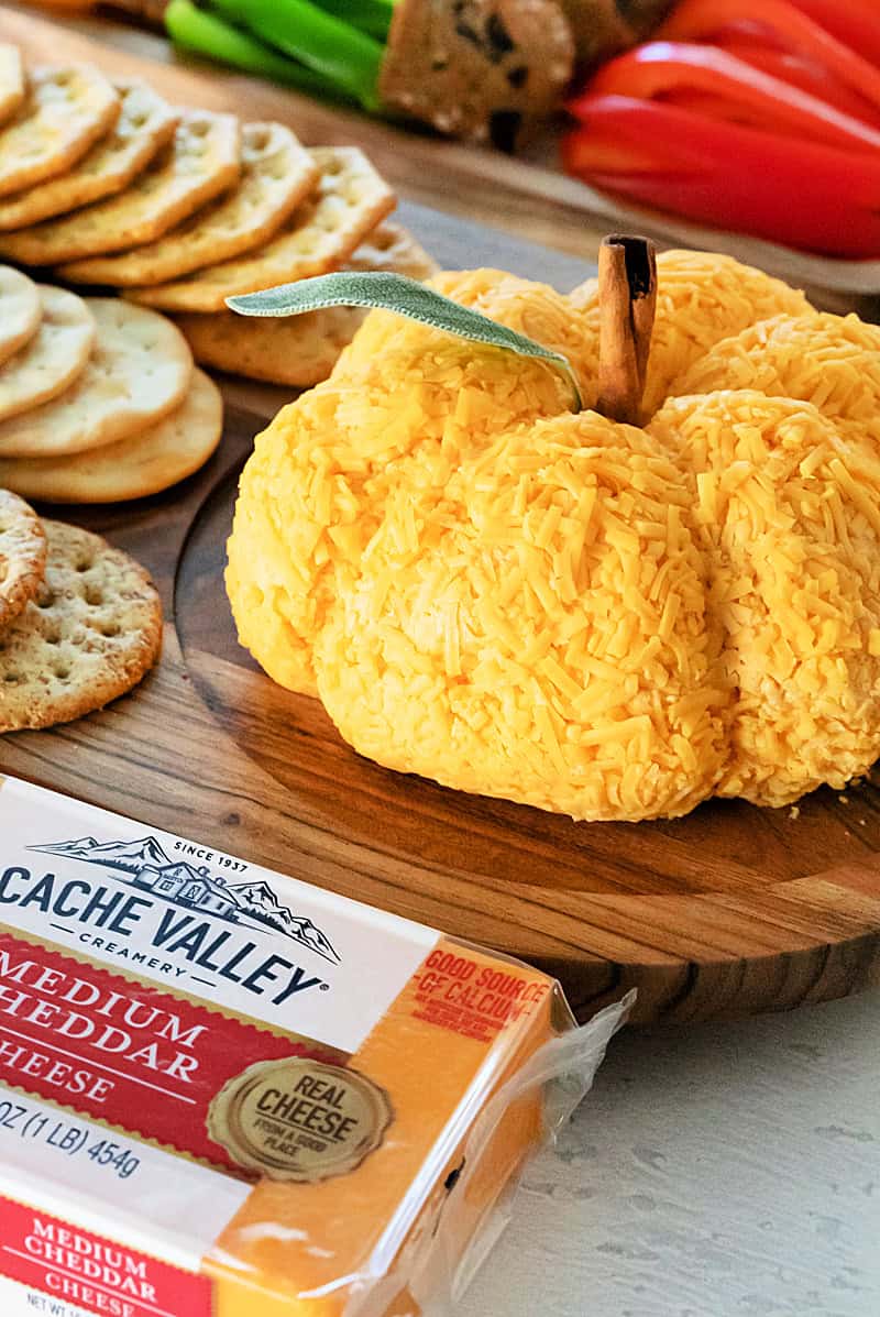 Pumpkin Cheddar Cheese ball on serving platter with crackers and vegetables.