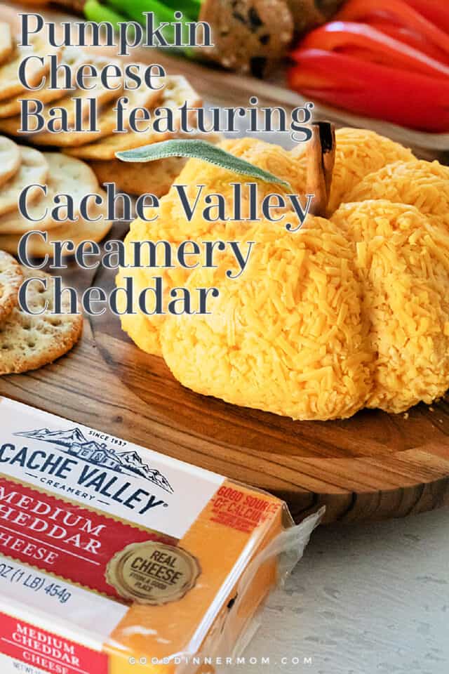 Pumpkin cheese ball with Cache Valley Creamery cheese in lower left of picture