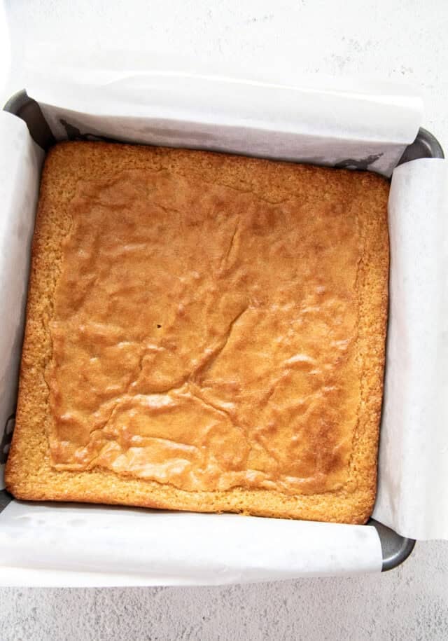 lemon blondies with white chocolate just out of the oven.