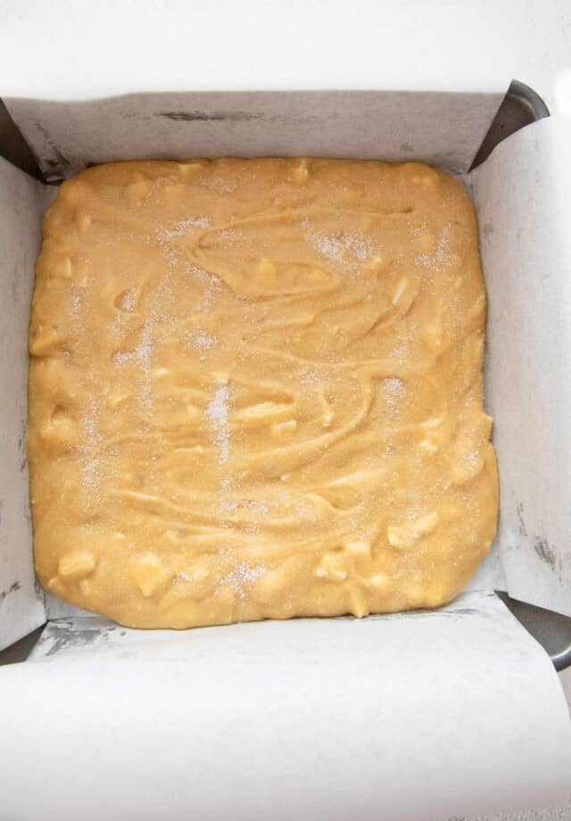 Lemon blondie batter with sprinkle of sugar just before baking.