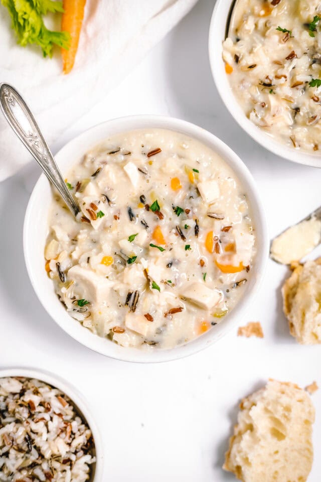 Chicken and wild rice soup in bowls