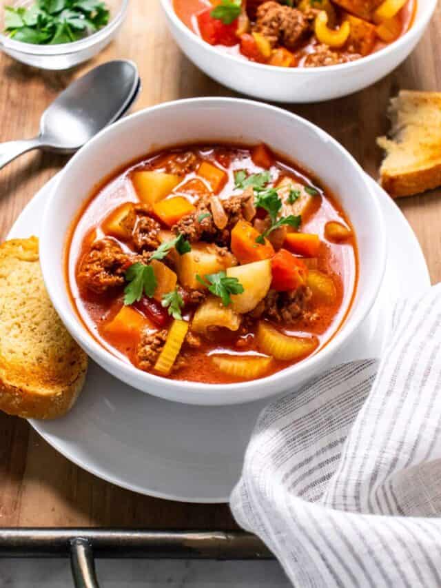 Healthy Vegetable Beef Soup in bowls.