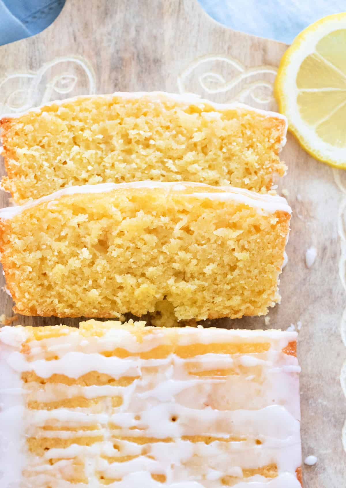 Clos up of lemon loaf slices.