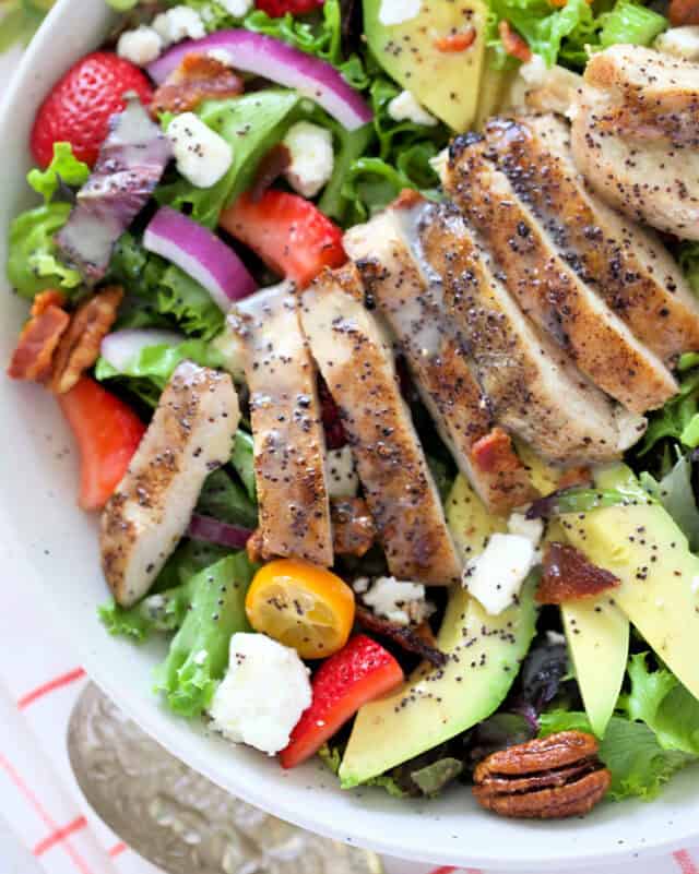 Strawberry chicken salad with easy homemade poppy seed dressing.