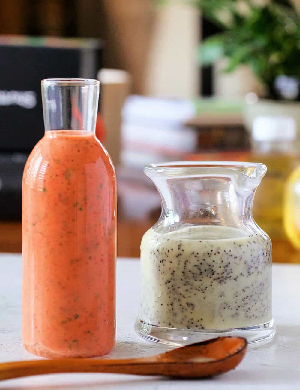 On left is Strawberry Basil Vinaigrette and on right is Poppy Seed Dressing.