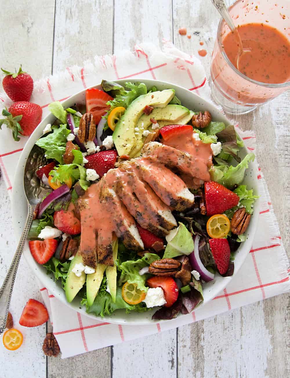 Strawberry chicken salad with strawberry basil vinaigrette dressing.