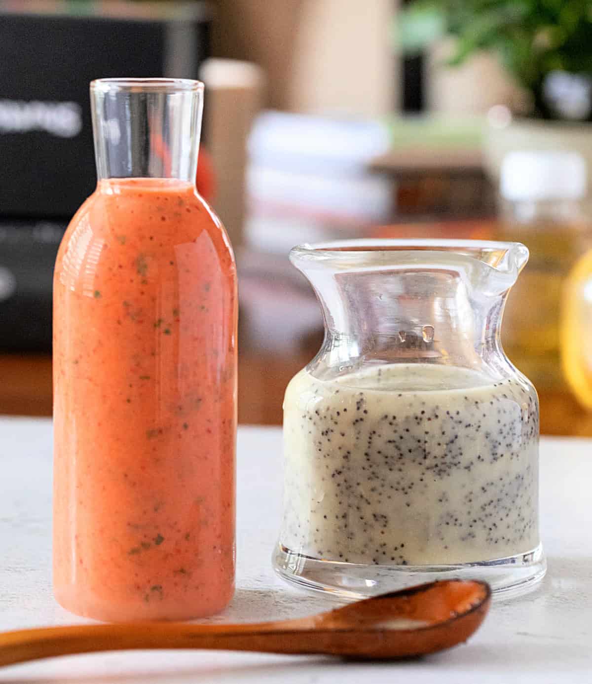 On left is Strawberry Basil Vinaigrette and on right is Poppy Seed Dressing.