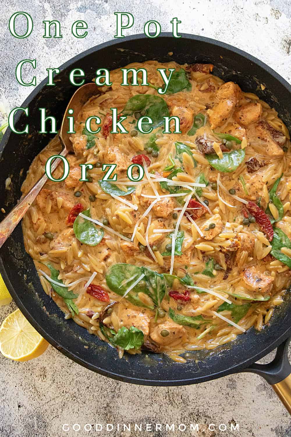 Creamy Chicken Orzo in a skillet