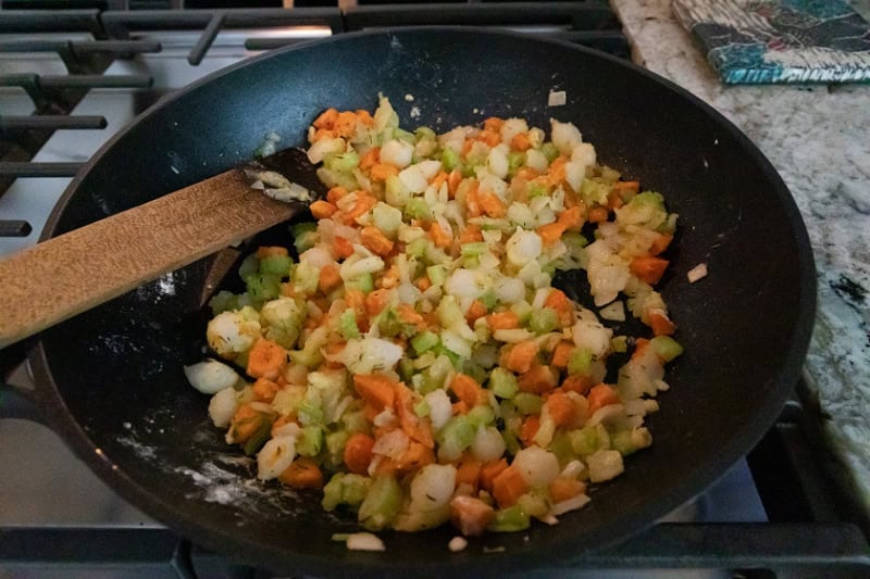Sauteed vegetables with flour, just before adding broth.