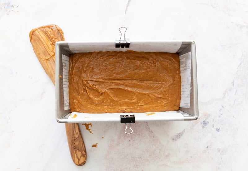 Pumpkin bread batter in the loaf pan just before going into the oven.
