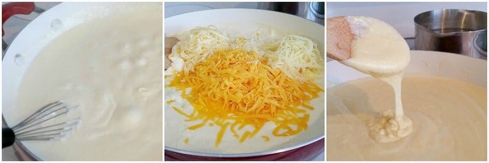 collage of cheese being added to the béchamel sauce 