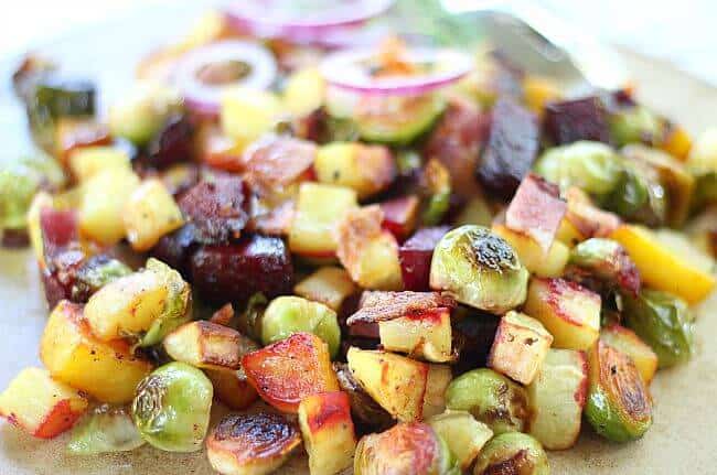 Roasted Root Vegetables with Brussels Sprouts and Bacon