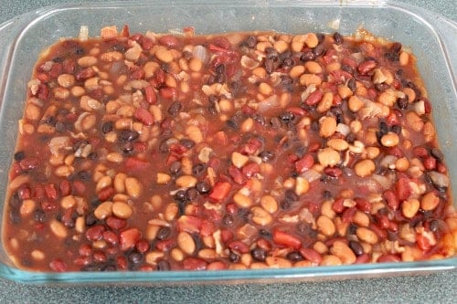 Baked Beans in a glass baking dish before baked