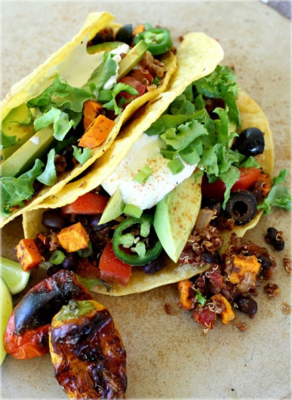 Black Bean Quinoa Tacos with toppings
