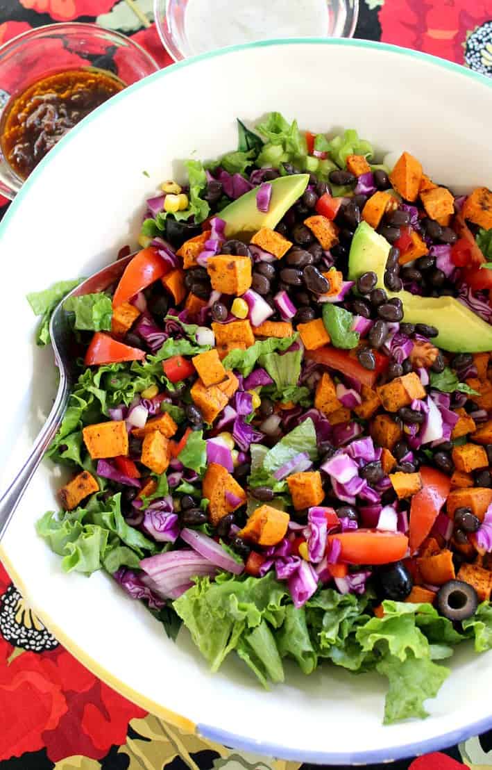 Tex Mex sweet potato salad served in a white bowl