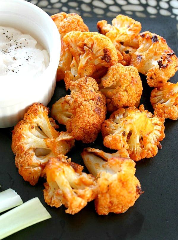 Cauliflower buffalo bites with blue cheese dressing on the side