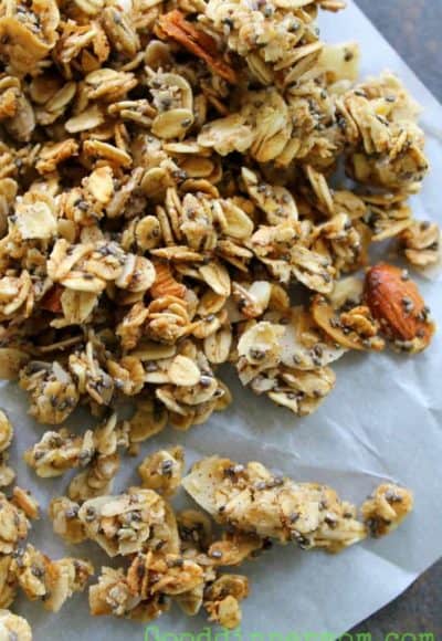 Chai Chia Granola uses a combination of cinnamon, cardamom, ginger, nutmeg and allspice. These spices compliment the oats, chia seeds, coconut and almonds for one of the best granola recipes you'll ever make.