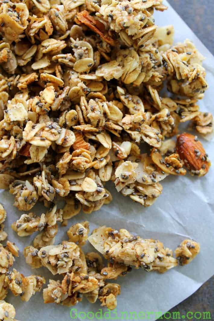 Chai Chia Granola uses a combination of cinnamon, cardamom, ginger, nutmeg and allspice. These spices compliment the oats, chia seeds, coconut and almonds for one of the best granola recipes you'll ever make.
