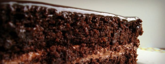 A close up of one slice of chocolate cake on a white plate 