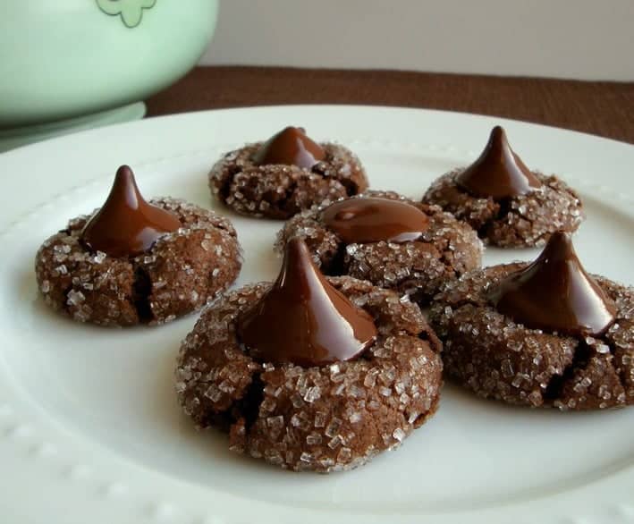 chocolate kiss cookies on a white plate