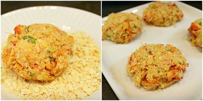 crab cakes being formed into a ball 